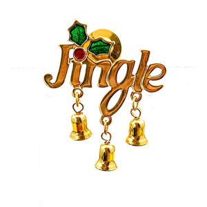 Avon Jingle Bells Tac Pin - Shiny Gold Tone with 2 Dangling Bell, Enamel Holly